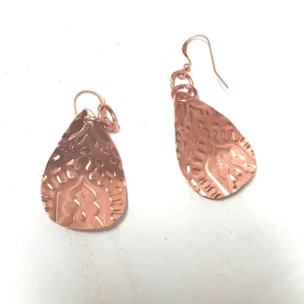 Tear Drop Baroque Embossed Solid Copper Earrings - Picture 6 of 6